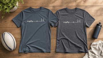 Comparing fabric textures of dryblend vs tri-blend women's rugby t-shirts on a wooden tabletop setting