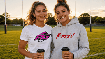 Two women in Rugby Girl apparel walking pitchside at golden hour on game day