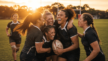 Women's rugby players celebrating on the pitch around the world