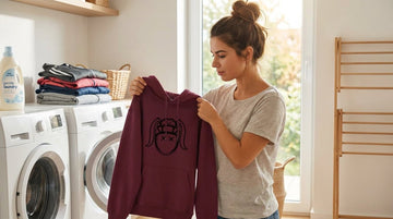 Athletic young woman carefully washing a women's graphic rugby hoodie to keep print vibrant