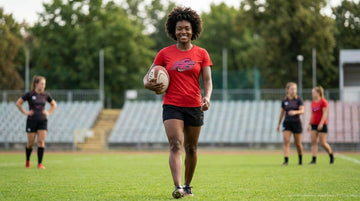 Woman walking pitch in red DryBlend rugby tee with RG Impact graphic