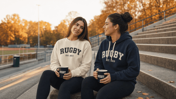 Two women rugby players comparing cozy rugby sweatshirt vs hoodie on stadium bleachers with coffee