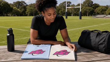 Woman rugby athlete comparing cotton and DryBlend rugby tees on outdoor table
