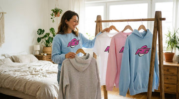 Woman building rugby capsule wardrobe with graphic RG Impact hoodies tees sweatshirts