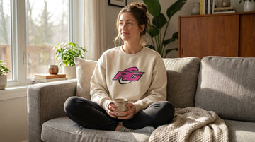 Woman on sofa in cream RG Impact rugby sweatshirt favorite everyday crewneck