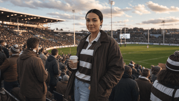 Excited female spectator watching the match outdoors in layered women's rugby fan apparel in the grandstands