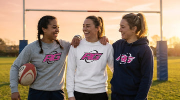 Three women rugby athletes enjoying game day in premium women's rugby apparel brand leisurewear outdoors