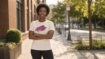 Athletic young woman wearing casual graphic women's rugby t-shirt showing personal style outdoors in park