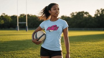 Women's rugby apparel on the pitch: woman holding a rugby ball in lifestyle rugby clothing