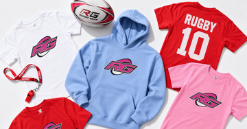 Kids rugby gear flat-lay featuring youth rugby tees and hoodie by Rugby Girl