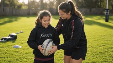 Smiling young girl player on a grass pitch choosing girls' rugby shirts for practice with coach