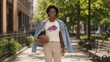 Stylish woman wearing graphic rugby tee and denim jacket on sunny city park path