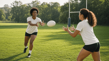 Two women rugby players practicing passing drills on sunny training pitch