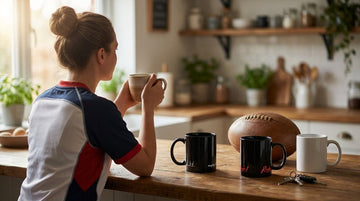 Woman rugby supporter holding a warm ceramic rugby mug in a cozy kitchen setting