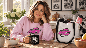 Rugby mom in pink RG Impact sweatshirt with personalized rugby tote and mug at home