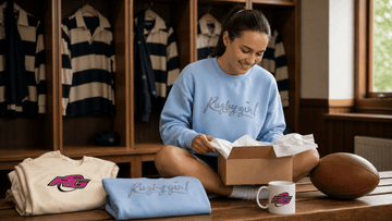 Woman rugby player unboxing rugby gifts and apparel on clubhouse locker room bench