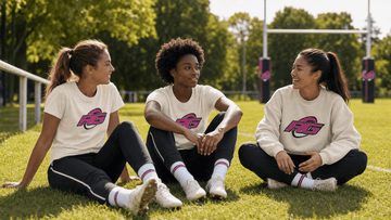 Women rugby teammates on pitch sideline wearing matching rugby outfit examples including tees and track pants