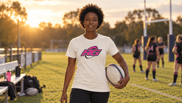 Woman on a rugby sideline wearing a women's rugby mom shirt with RG Impact print
