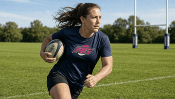 Athletic female athlete sprinting on grass in breathable rugby training shirts for women during practice