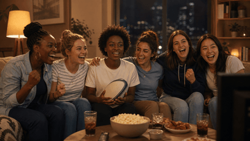 Women friends watching a rugby movie together on a cozy match night.