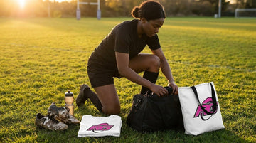 Woman packing women's rugby season gear with graphic tee tote boots on pitch