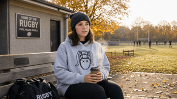 Cozy warm women's rugby hoodie worn by a female player on a chilly morning bench off-field