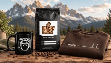 Rugby gift set for her and him with Rugby Brew coffee bag centered between black mug and sweatshirt