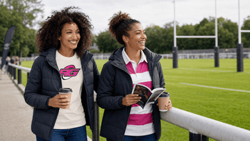 Two female supporters cheering along the sideline choosing what to wear to a rugby match