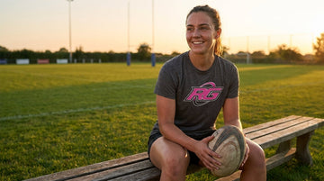 Athletic female player wearing a breathable women's rugby DryBlend tee relaxing by the pitch bench