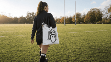 Durable rugby tote bag for women: player carrying kit bag onto the pitch
