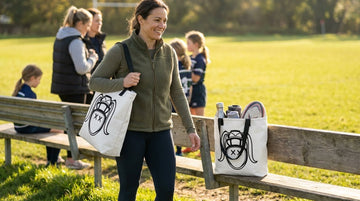 Rugby mom with a durable canvas tote bag on the pitch sideline supporting players