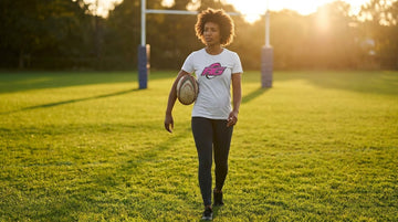 Woman on pitch in grey RG Impact tee comparing women's rugby tee vs cotton tee