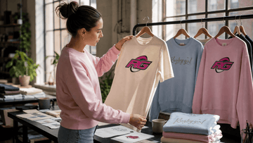 Woman designer reviewing women's rugby apparel and merch on boutique clothing rack