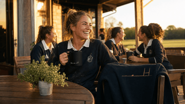 Happy female player relaxing with a warm drink and cozy rugby gifts for women after practice