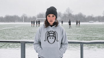 Warm women's rugby hoodie on a cold sideline morning at the pitch
