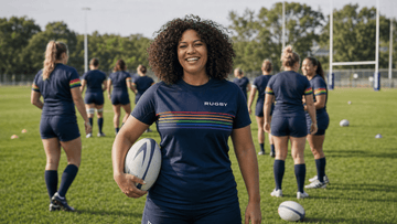 Athletic female player wearing vibrant rugby pride clothing for women on a sunny training pitch