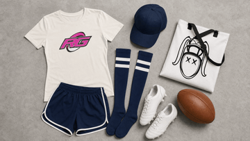 Game day flat lay with women's rugby tee shorts socks cleats tote and rugby ball