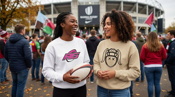 Women fans outside stadium in graphic rugby sweatshirt outfits for game day