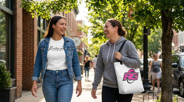 Two women walking in casual rugby outfits with Signature tee and branded tote