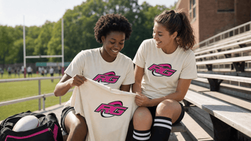 Two female rugby teammates checking the fabric of women's graphic rugby t-shirts on sideline bleachers