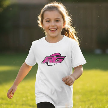Girl wearing a white RG Impact kids rugby t-shirt outdoors - Rugby Girl