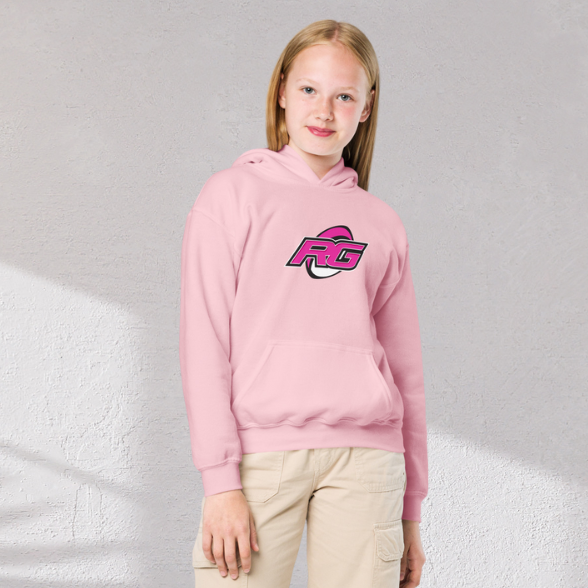 Light pink girl's rugby hoodie with bold purple and navy graphic, casual rugby girl style. - Rugby Girl