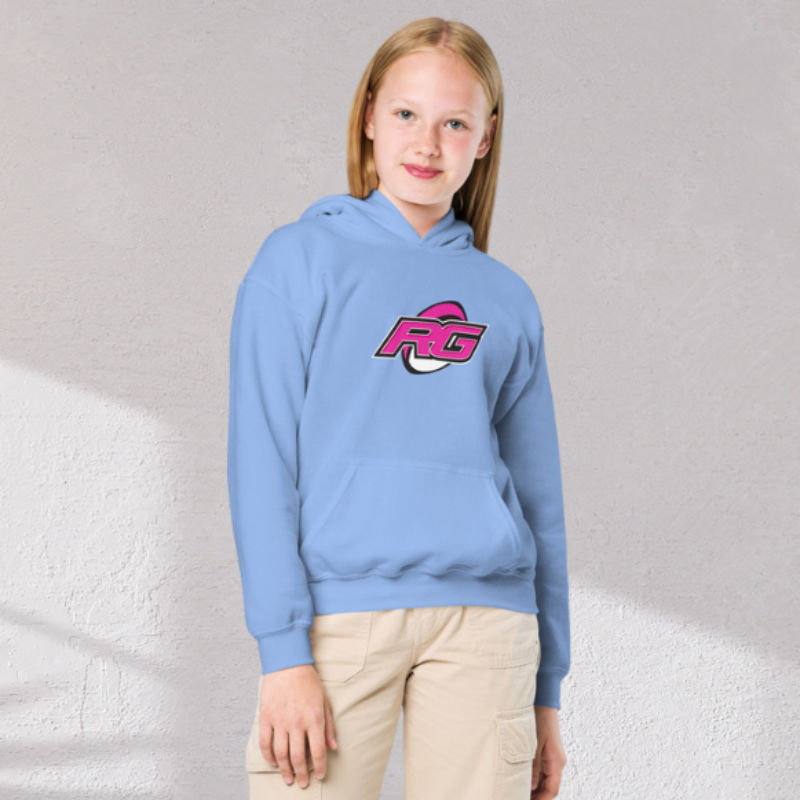 Light blue girl's rugby hoodie with bold pink logo, casual fit for rugby girl style. - Rugby Girl
