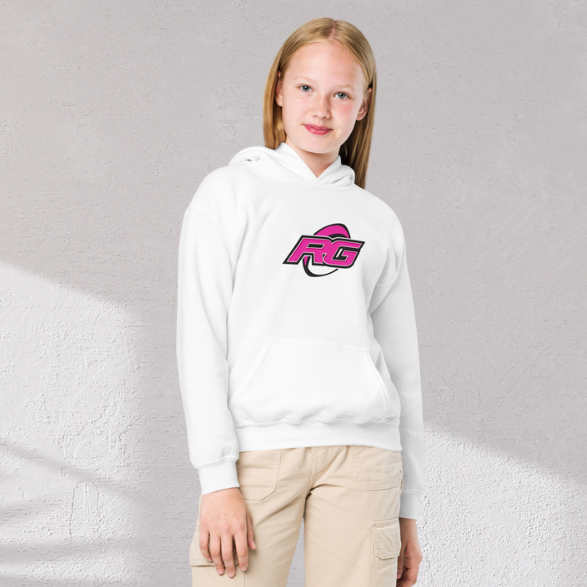 White girl's rugby hoodie with bold pink and black RG Impact logo, casual fit for rugby girls and fans. - Rugby Girl