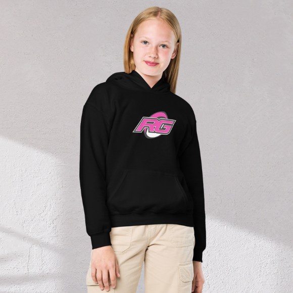 Black girl's rugby hoodie with pink RG Impact logo, relaxed fit for rugby girls and fans. - Rugby Girl
