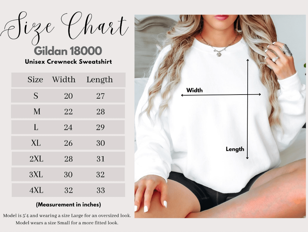 Gildan 1800 unisex crewneck size chart