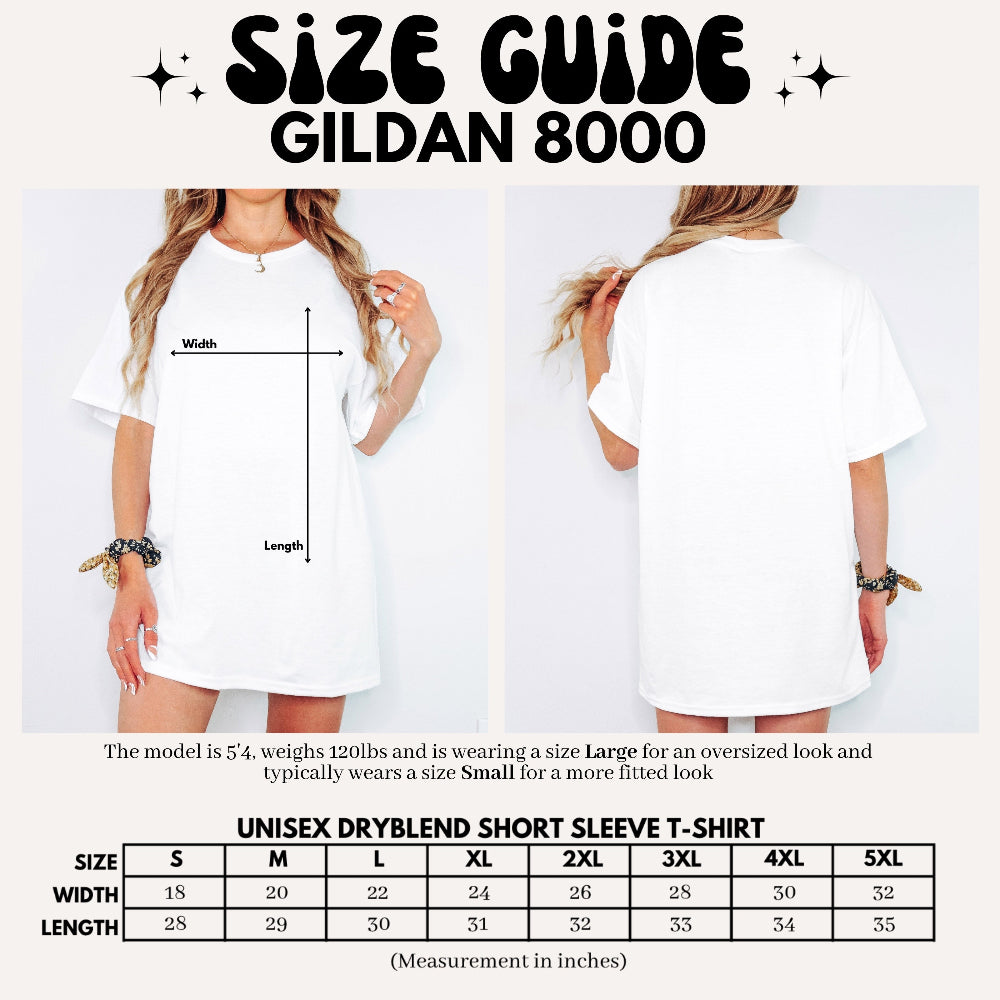 Gildan 8000 sizing guide shown. - Rugby Girl
