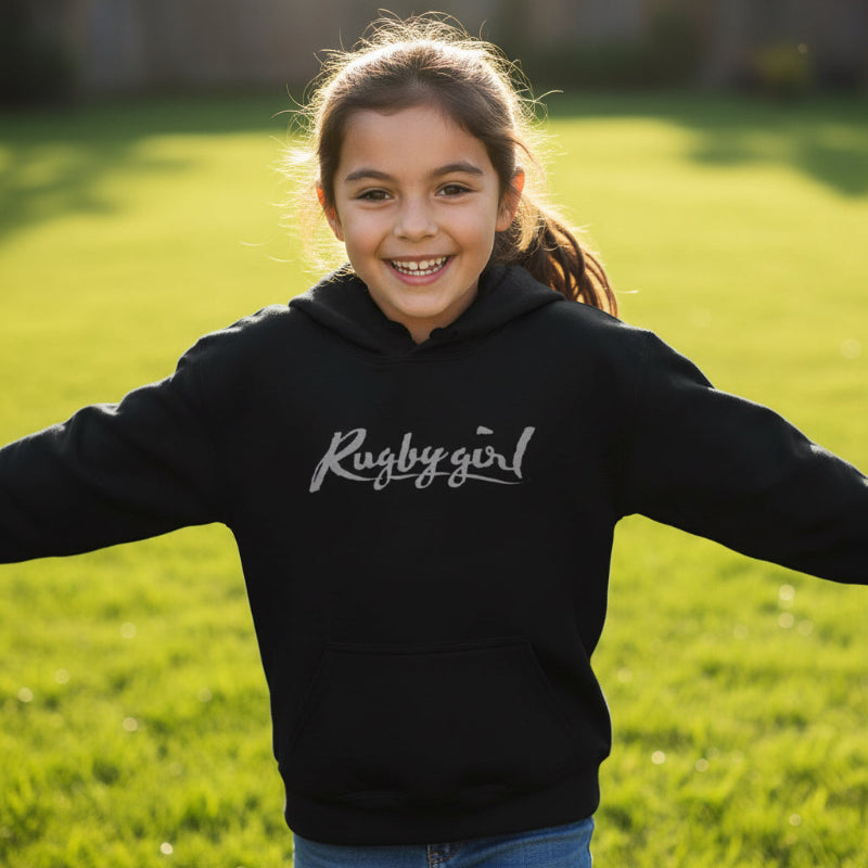 Black girl's rugby hoodie with white "Rugby Girl" script, cozy heavy blend fabric. - Rugby Girl