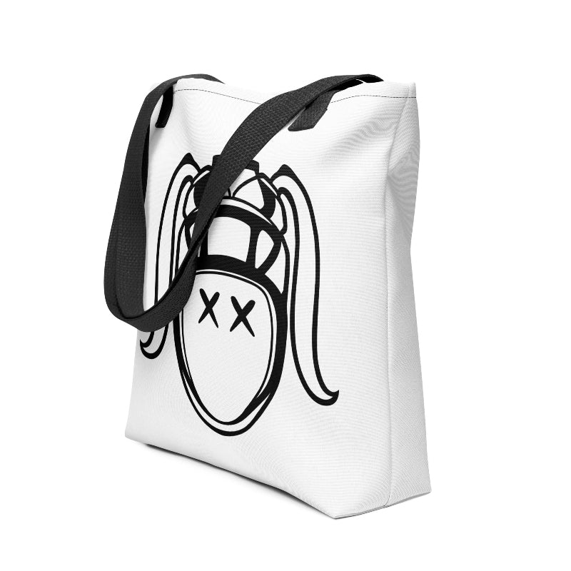 White tote bag with black rugby girl harlequin graphic and black shoulder strap, stylish rugby gift accessory. - Rugby Girl