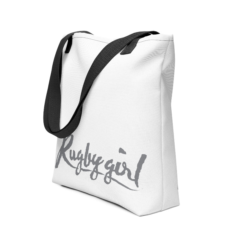 Grey Rugby Girl signature tote bag with black straps, stylish women's rugby apparel accessory ideal for rugby gifts. - Rugby Girl